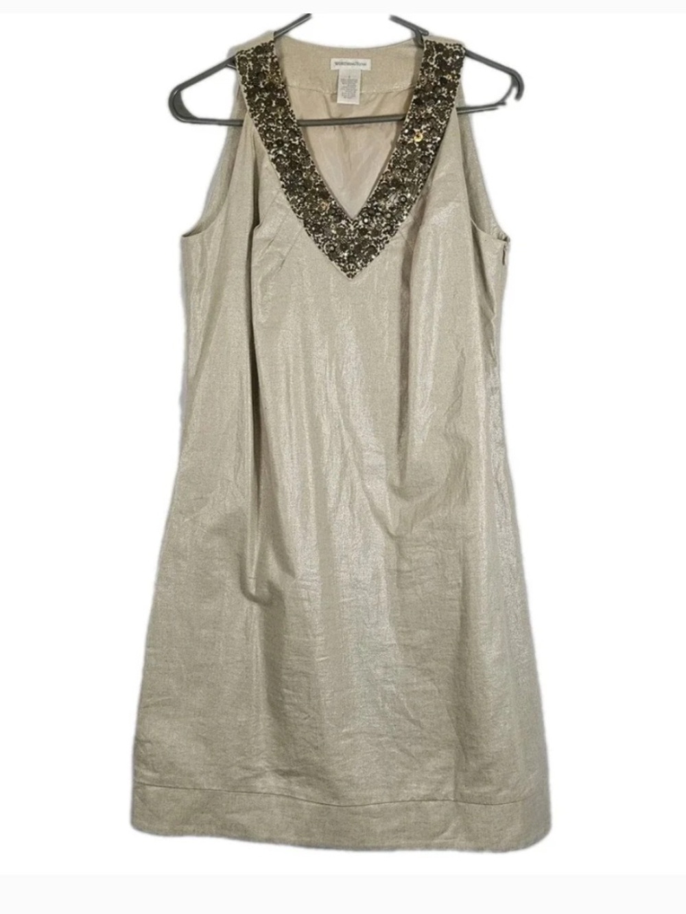 Worthington‎ Women Sz 16 Beige Gold Sleeveless Sheath Dress Sequin Linen Cotton